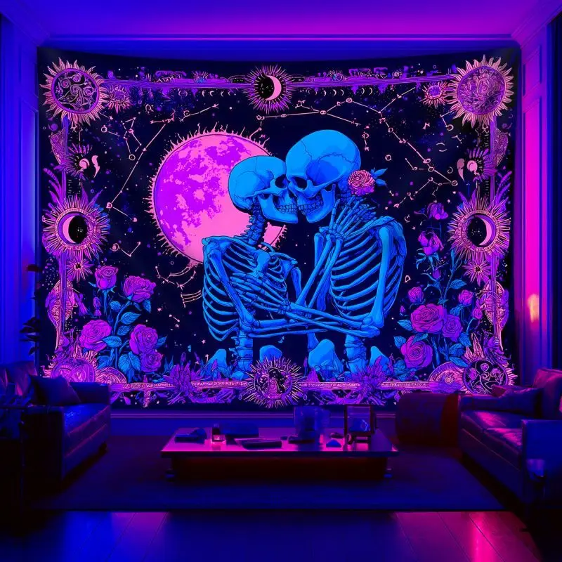 VIKAMA Blacklight Skeleton Lovers Tapestry UV Reactive Blue Kissing Purple Rose Moon Goth Wall Hanging Bedroom Decor