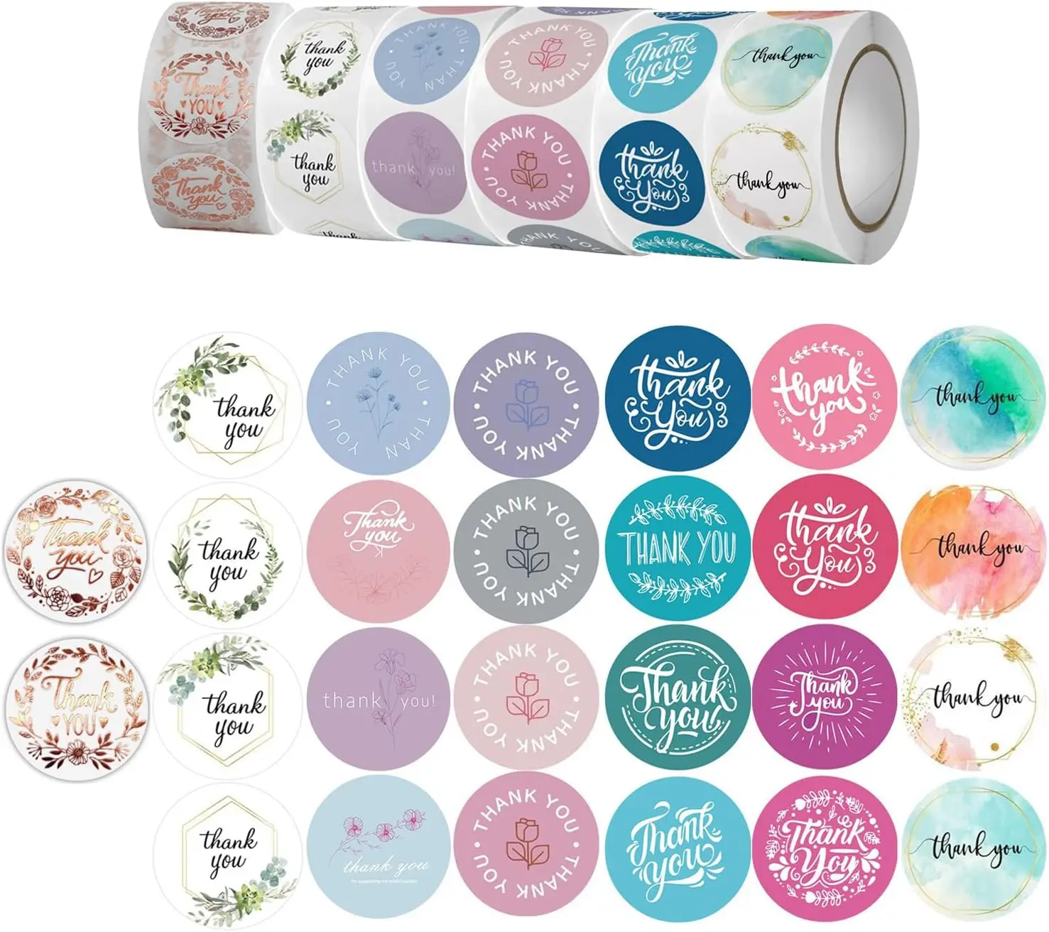 500-3000Pcs 1Inch Thank You Stickers Roll Floral Watercolor Round Label for Small Business Gift Envelope Sealing Packaging Decor