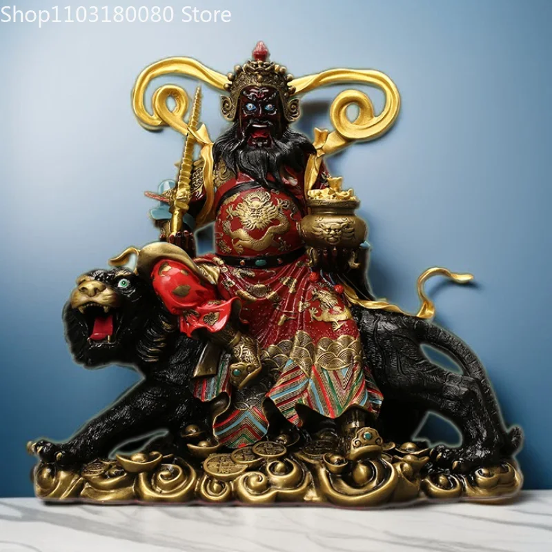 32cm Copper brass Painting Zhao Gongming statue Chinese folk God of Wealth sculpture