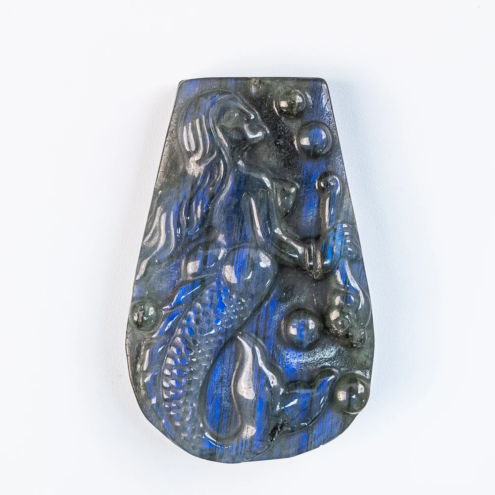 

Rare Natural Labradorite Pendant Hand Carved Mermaid Ultra AA Grade Blue Flash Collector's Semi-Finished Jewelry Stone 50X33X9mm