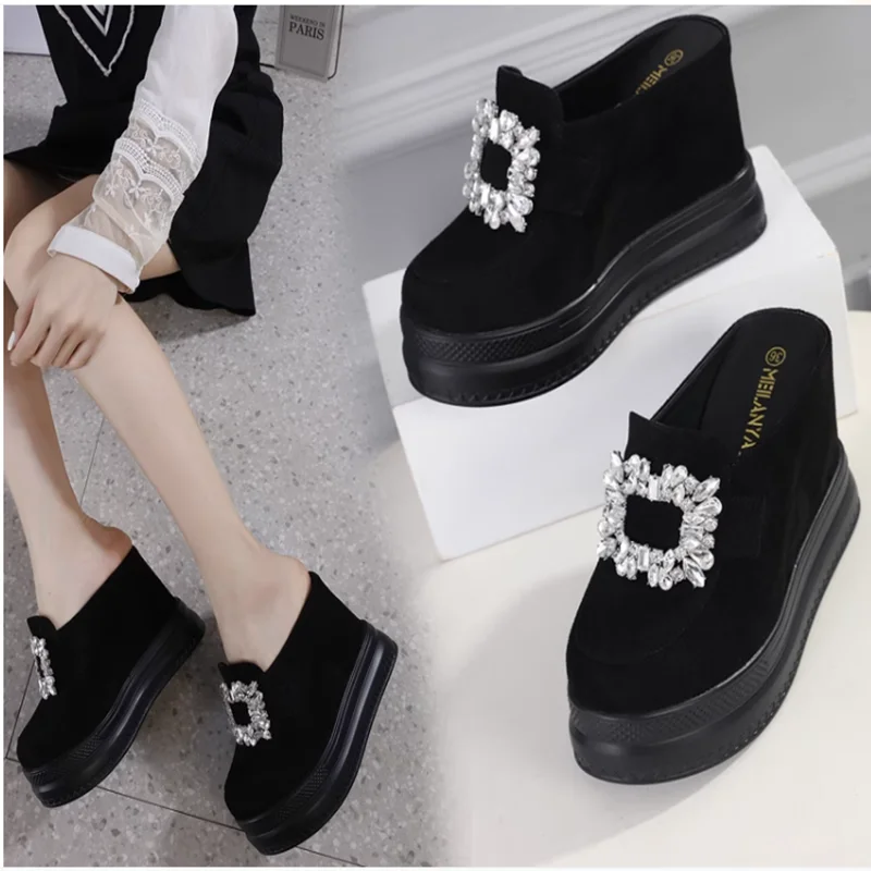 13Cm Super High Heels Peep Toe Women Slippers Brand Design Embroidery Wedge Platform Sexy Slides Models Nightclub Show Sandals