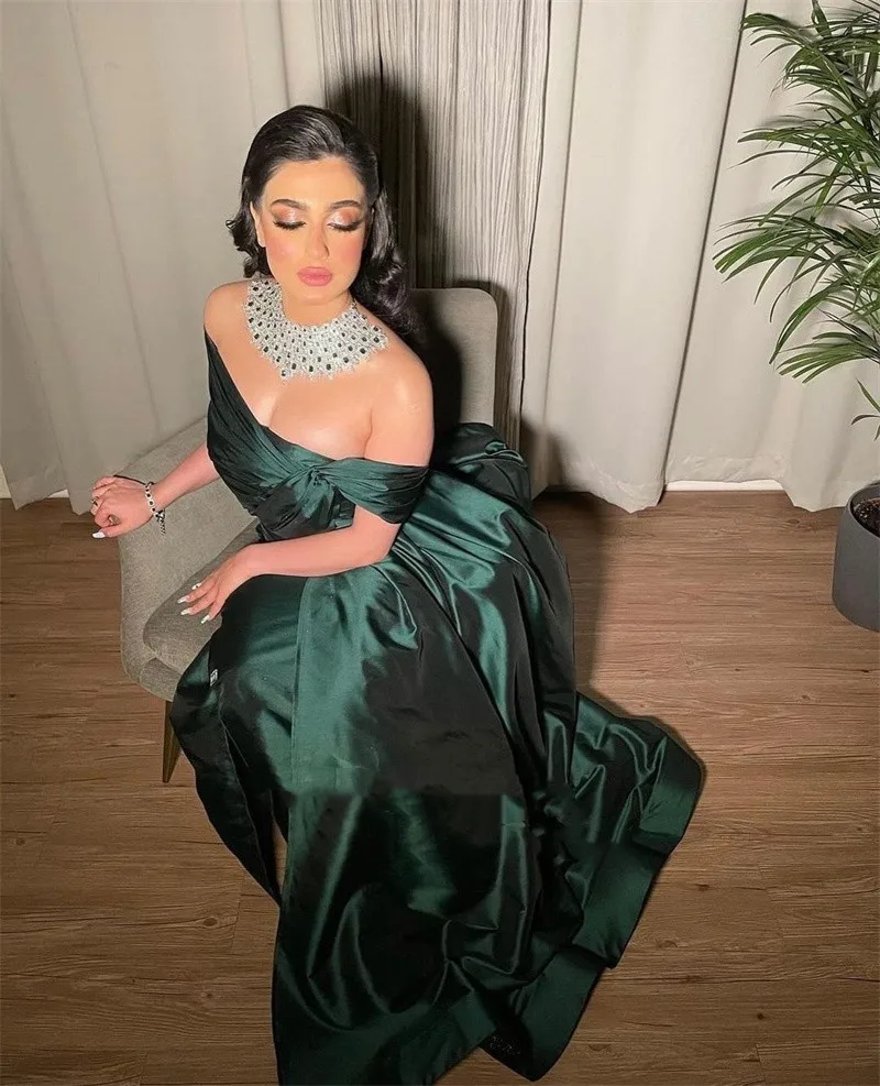 

AsaNagi Emerald Green Taffeta Evening Dresses Off the Shoulder Short Split Dubai Arabic Women Formal Prom Occasion Party Dress