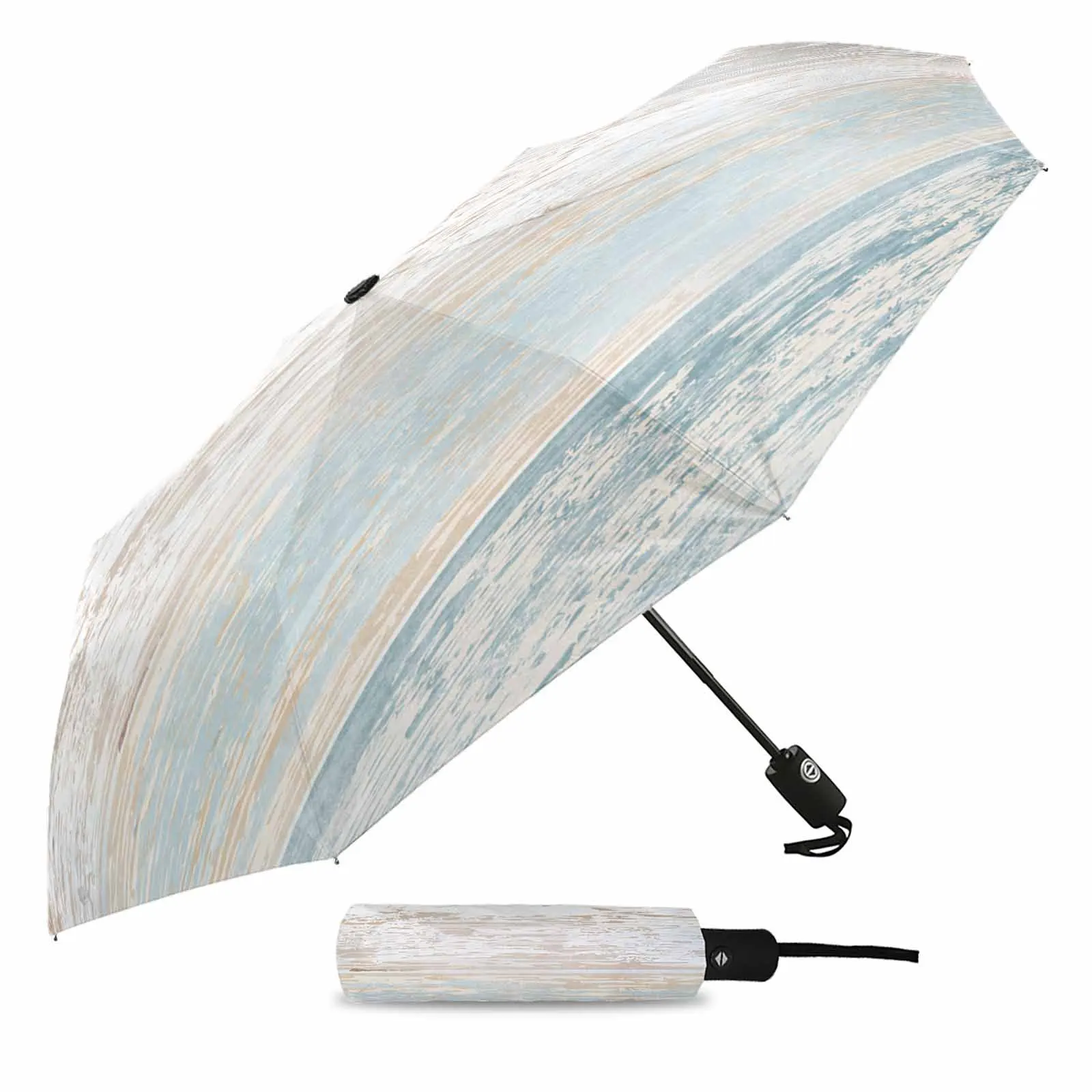 Retro Wood Grain Light Blue Gradient Flower Automatic Umbrella for Rain Foldable Parasol Umbrella Eight strand Outdoor Umbrellas