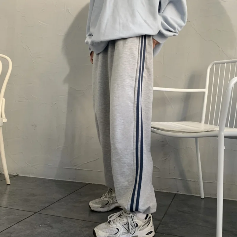 

Autumn Grey Casual Sweatpants Fashion Stripe Drawstring Bind Feet Straight Pants Street High Waist Baggy Mopping Trouser Ladies