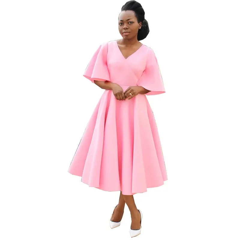 Summer Fashion Solid Color A-Line Ruffle Dresses African Women Elegant Short Sleeve Pleated High Waist Evening Party Long Dress