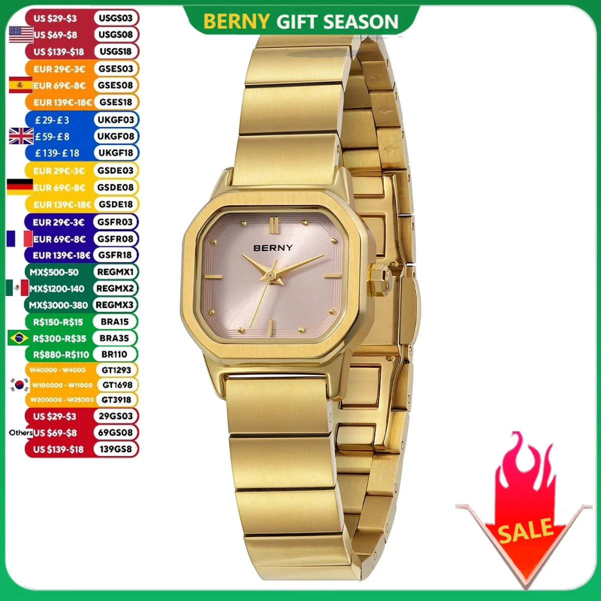 BERNY Gold Watch for Women Square Pink Simple Small Dial Quartz Women\'s Watches Stainless Steel Ladies Waterproof Wristwatch