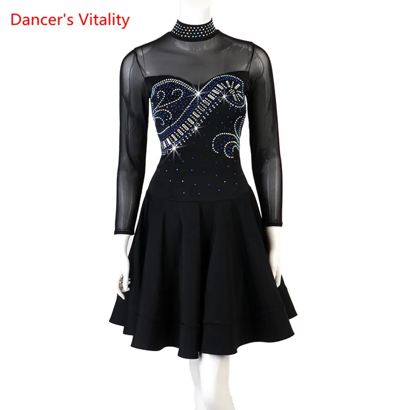 

Customized New Latin Dance Dress Women Girls Rumba Salsa Cowboy Dance Competition Dresses Rhinestones Mesh Long Sleeve