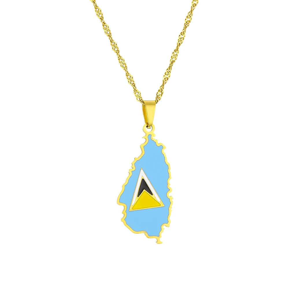 Mode Saint Lucia Insel Karte Flagge Anhänger Halskette Edelstahl für Männer Frauen st. Lucia Schmuck Geschenk – Detail 3