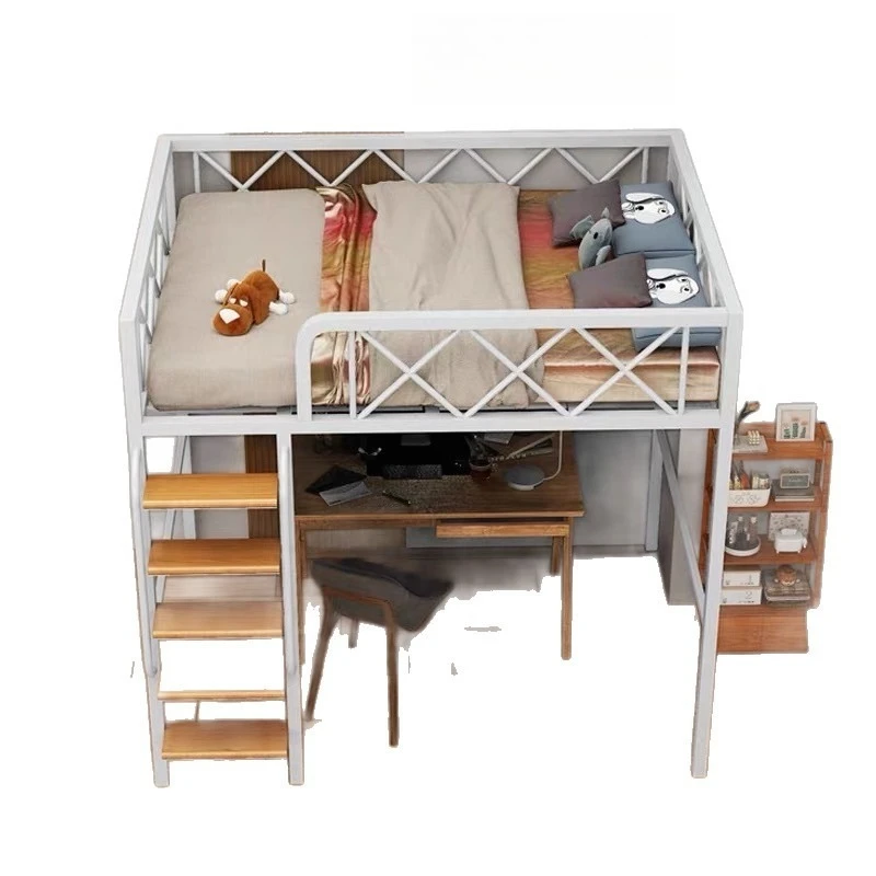 Rental room bed under empty wrought iron elevated bed, dormitory space saving high and low bed apartment duplex pavilion bed