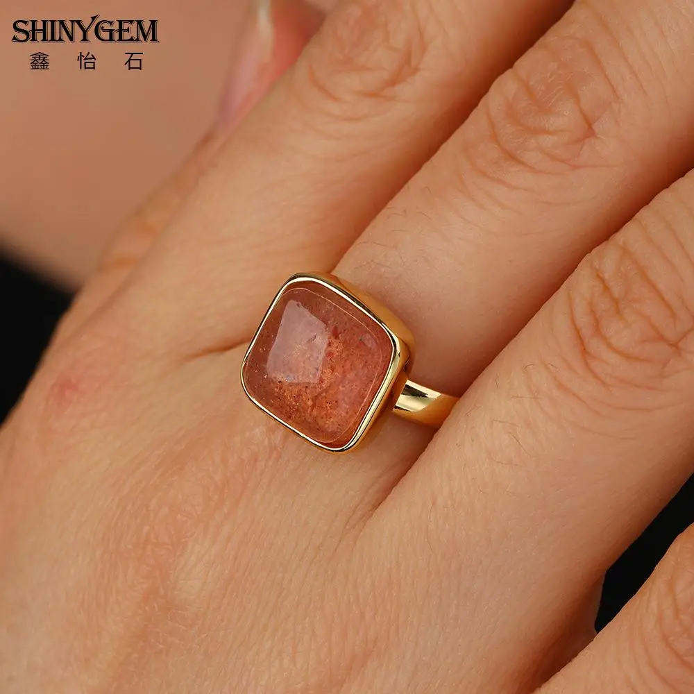 

shinygem fashion gold plated square natural healing stone strawberry crystal rings jewelry for women adjustable finger ring
