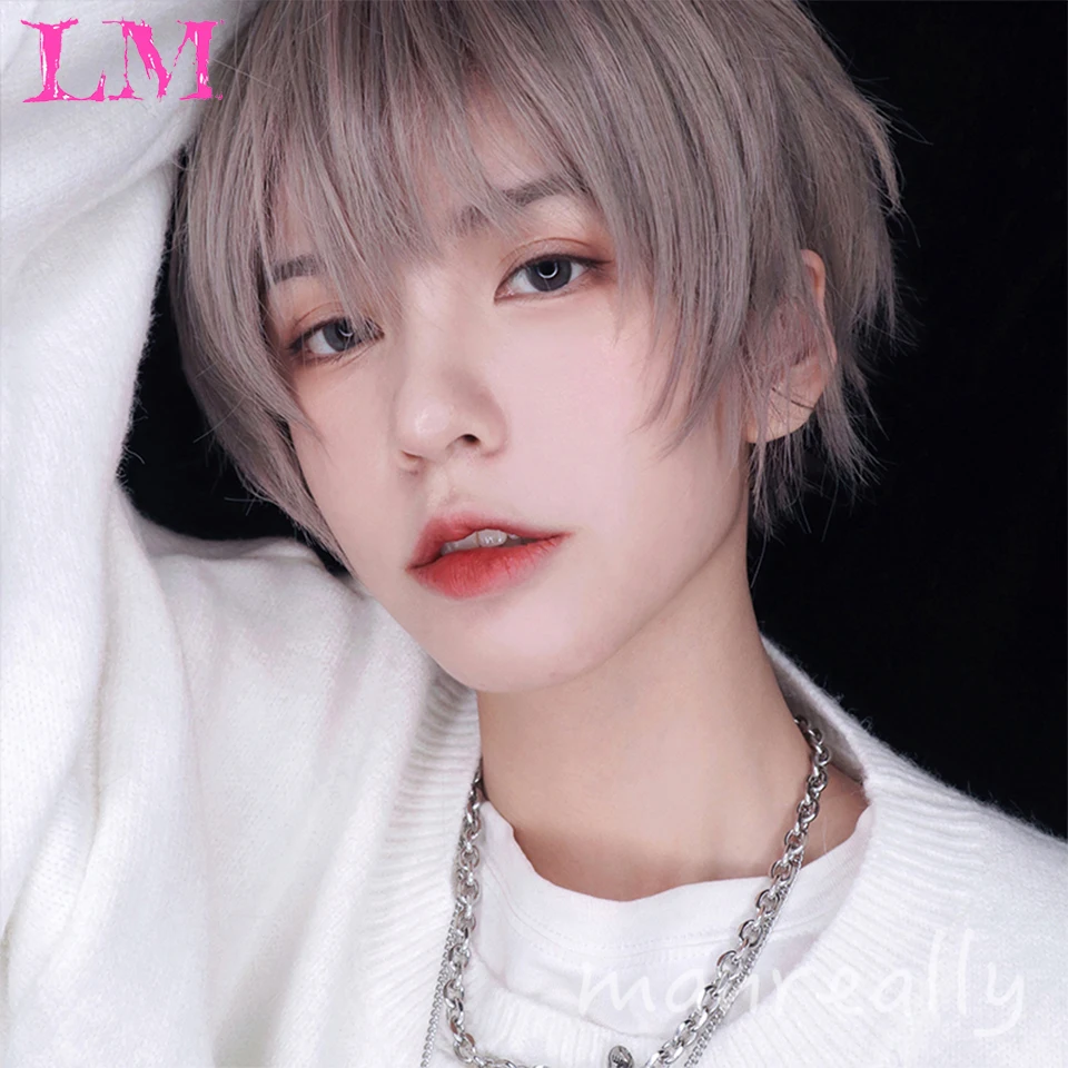 

LM Black Men's Pink Wigs 12" Short Straight With Bangs Synthetic Wig for Women Male Boy Cosplay Anime Party Daily Costume Wig