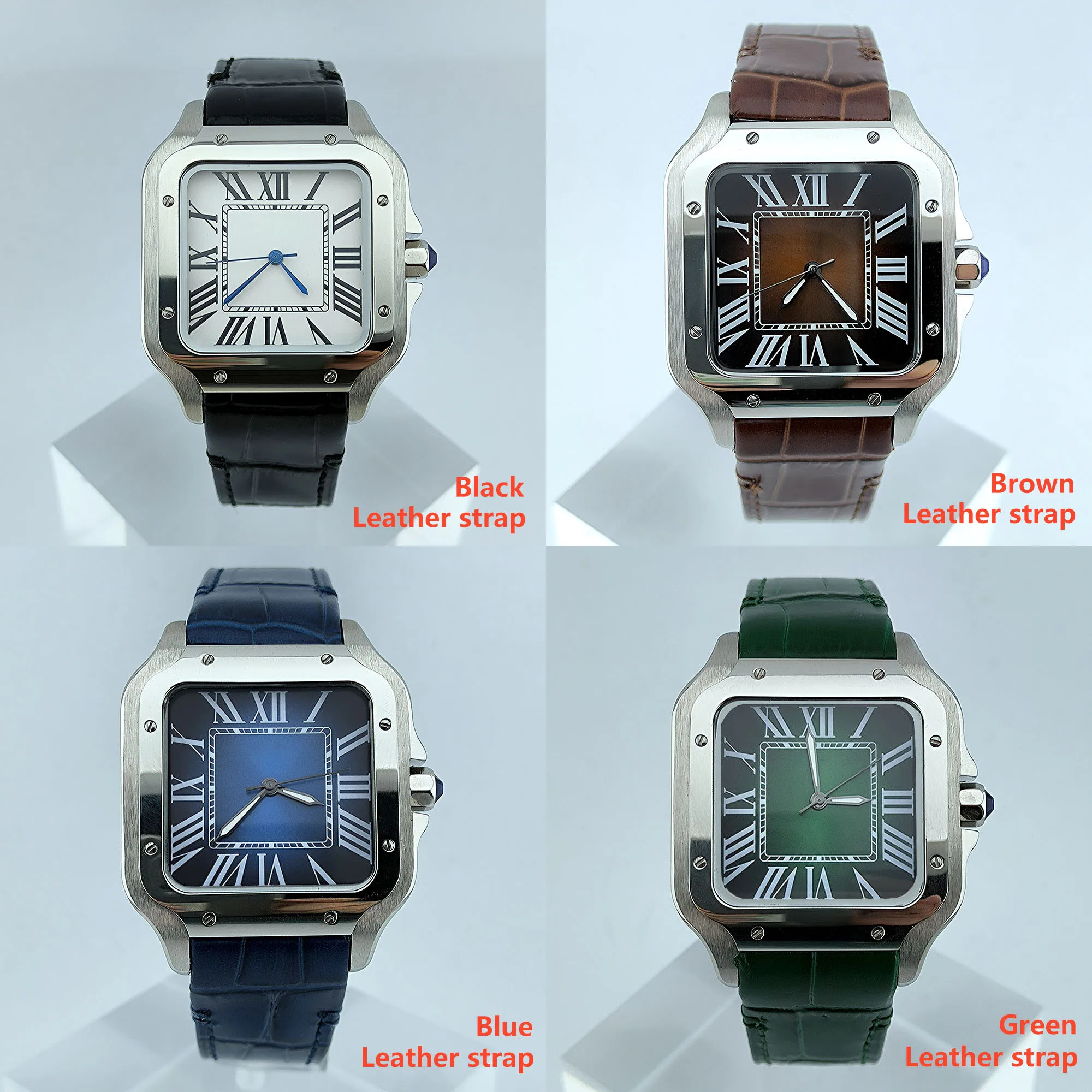 NH35 Watch No logo dial Leather strap Square Dial Roma/Arabic Dial Folding Buckle Square Case fit NH35 movement Watch