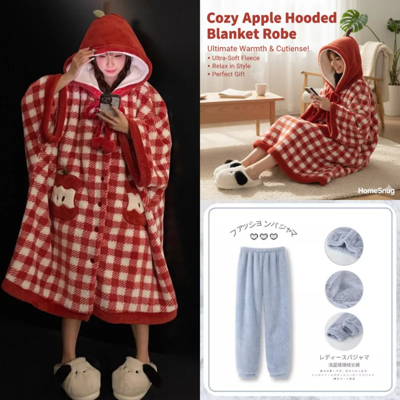 

Apple Hoodie Robe Pajama Set Y2K Flannel Sleepwear For Women Apple Thick Warm Mid-Long Homewear Suit For Autumn Winter Top New