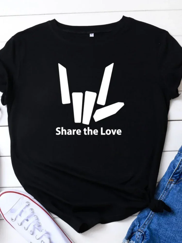 Share The Love Rock Gesture Print T Shirt Women Short Sleeve Camisetas Mujer O Neck Loose Tshirt Summer Women Tee Shirt Tops