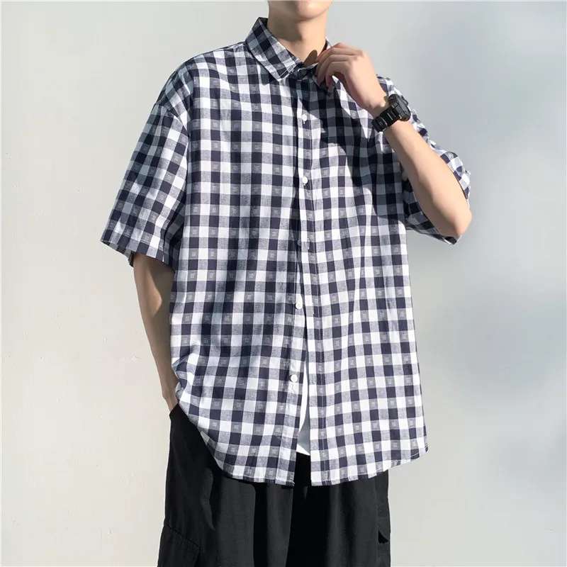 Men Black Plaid Shirt 2024 New Summer Fashion Chemise Homme Checkered Short Sleeve Blouse