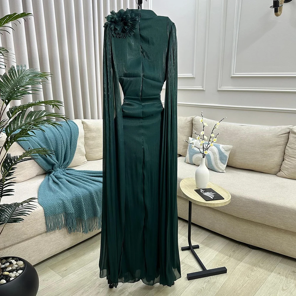カスタマイズされた A ラインのイブニングドレス フロアレングス ハイネック フルスリーブ プロムドレス ファッション フラワー プリーツ シンプル ドレープ パーティードレス