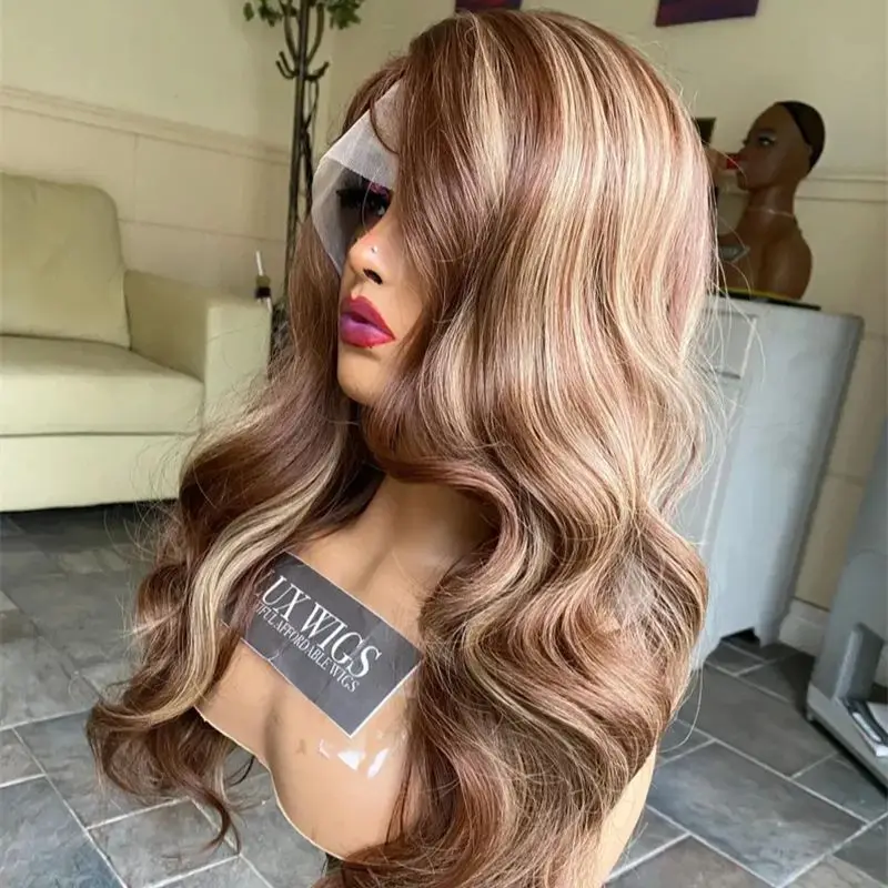 28 Inches 13x4 Ombre Blonde Brown Synthetic HD Lace Front Wig Natural Hairline Heat Resistant Wigs Large Small Large Size Cap