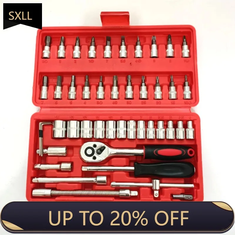 

SXLL 46 Socket Ratchet Wrench Bit Set 24 Tooth Handle Metric Mechanical Tools Auto Repair Home Customizable OEM Hard Case