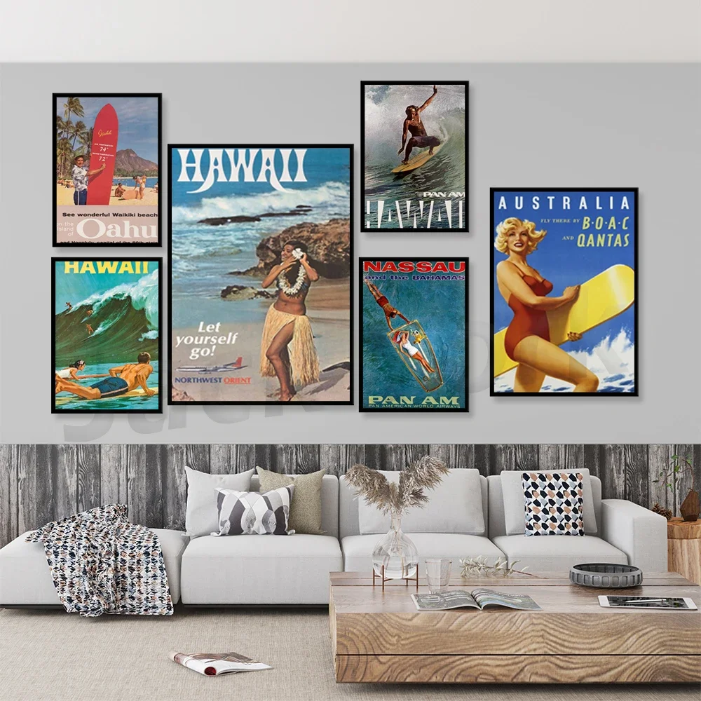 Vintage Hawaii Travel Poster Decor Surfing Art Retro Decor Print