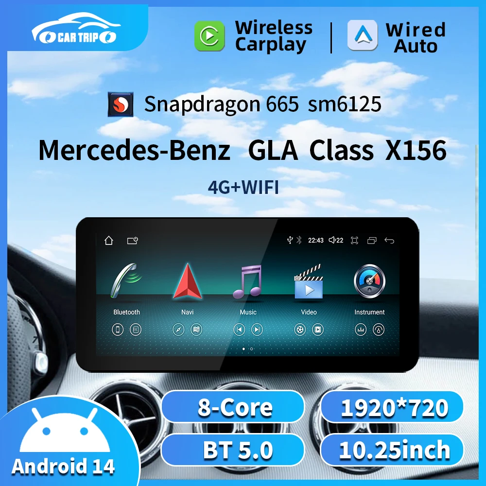 

Qualcomm 665, автомобильный мультимедийный беспроводной Android AUTO CarPlay, 10,25 дюйма, 12,3-дюймовый экран для Mercedes Benz GLA X156, автомобильные видеоплееры