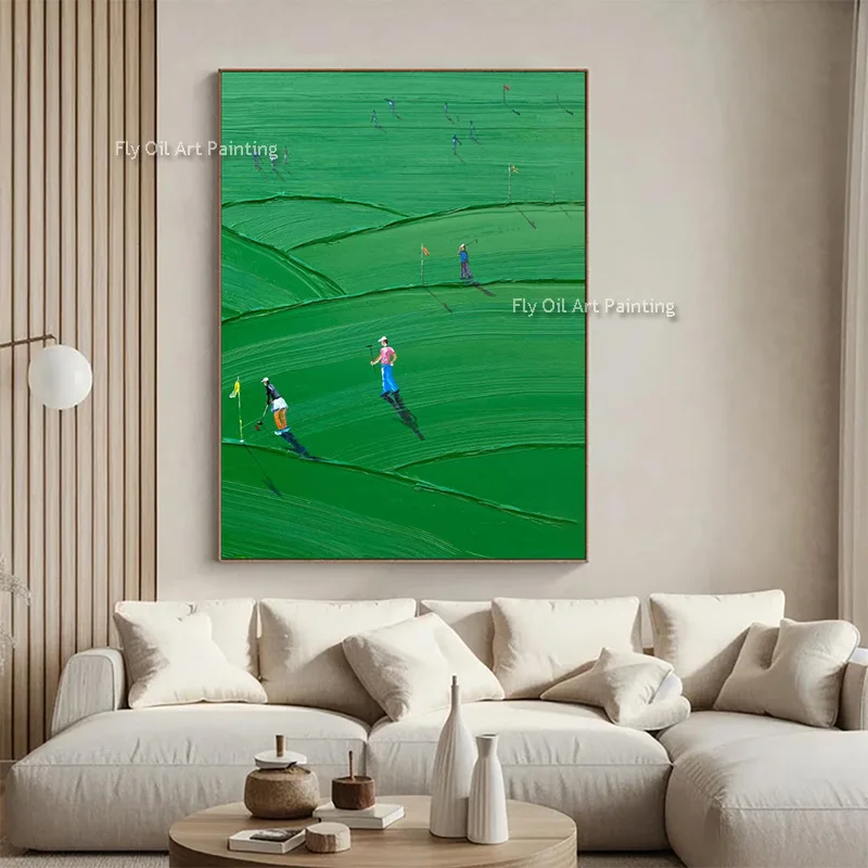 

Green People Playing On The Land Oil Painting On Canvas Hand Painted Abstract Fashion Beige Green Wall Art Decor For Home Hall