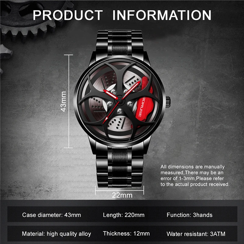 2PCS Set Men\'s Fashion Car Wheel Watches Luxury Men Sports Waterproof Quartz Wristwatch Bracelet Stainless Steel Wheel Hub Watch