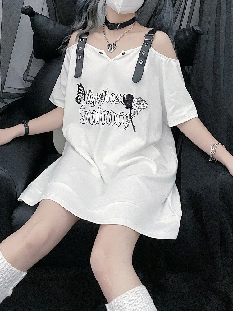 KOSAHIKI Printed Off Shoulder Women Tshirts Casual Streetwear Y2k Aesthetic T Shirt Girl Sweet Tops Harajuku Graphic Tees Grunge