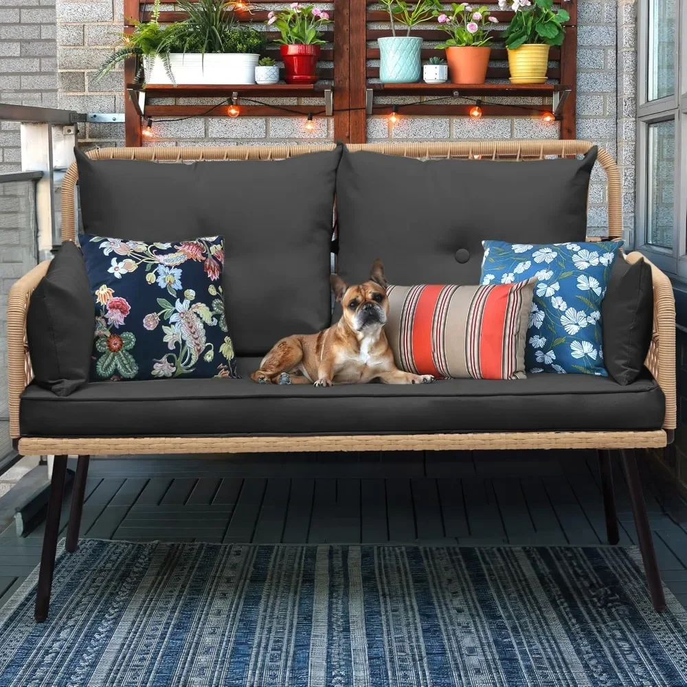 Уличный стулУличный двухместный диван из ротанга, двухместный двухместный двухместный диван из ротанга ручной работы и подушек, идеально подходит для заднего двора, балкона