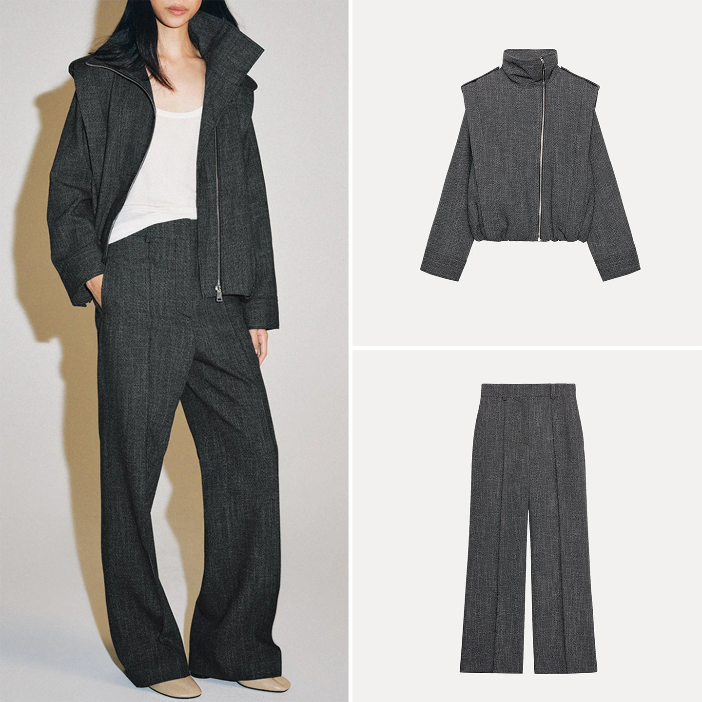 Women's Fashion Long Sleeve Stand Collar Side Zipper Jacket High Waist Wide Leg Pants Two Piece Set Autumn Season China Origin