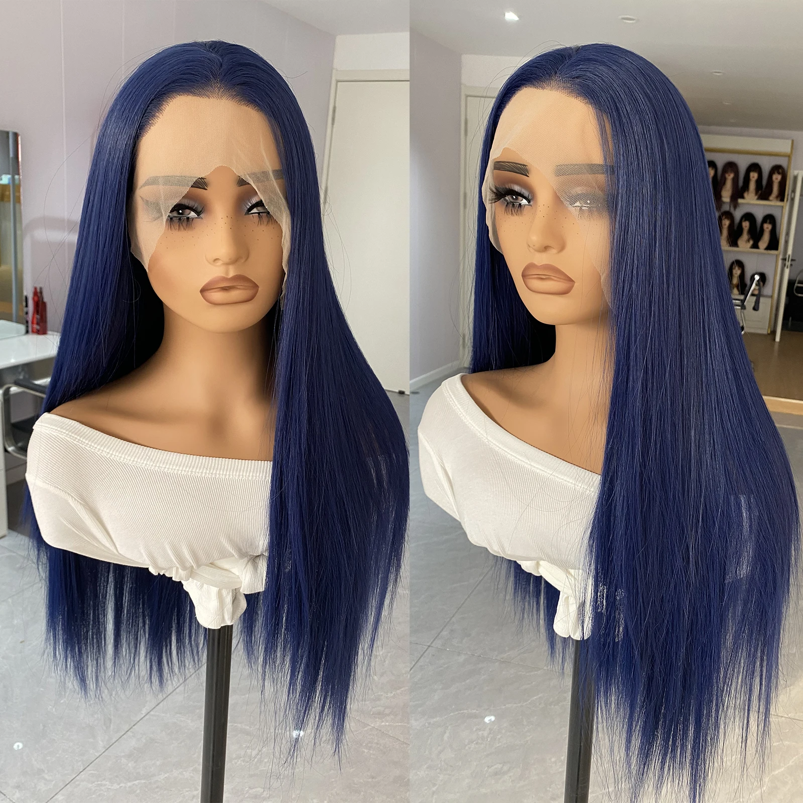 

Dark Blue Lace Front Wig Long Silky Straight Synthetic Hair 13x4 Frontal Lace Wigs for Women Natural Hairline Daily Wear Cosplay