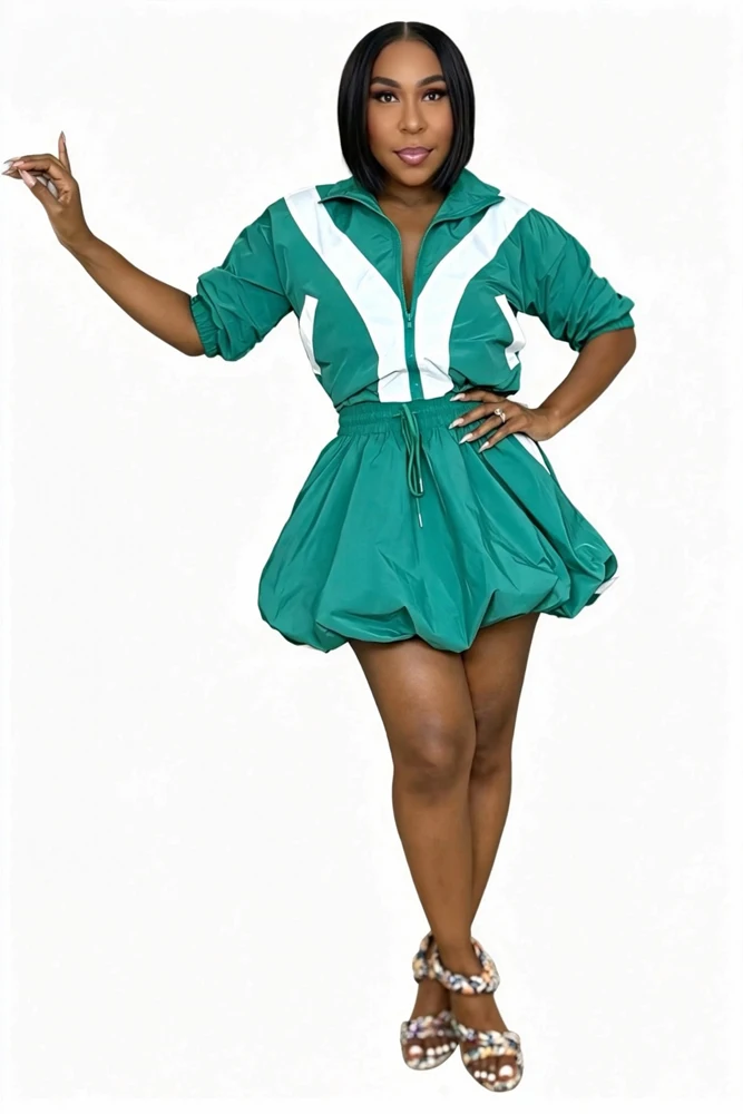 JENYAGE Damen 2-teiliges Outfit, Farbblock-Oberteil mit halbem Reißverschluss und Bubble-Minirock-Set, Kordelzug in der Taille, lässiger afrikanischer Streetwear-Anzug – Detail 8