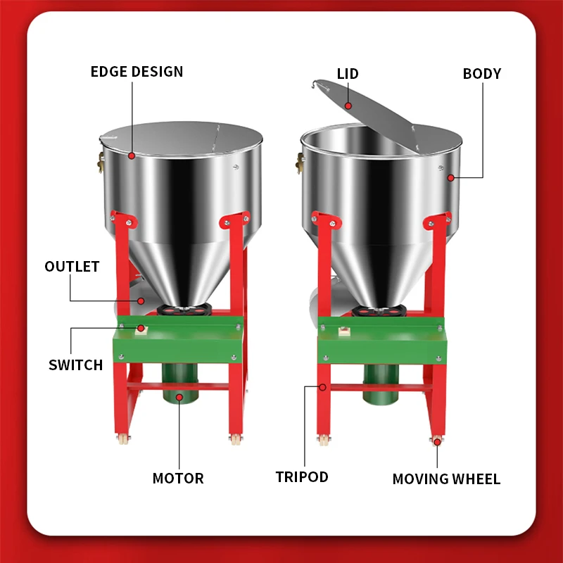 Miscelatore di mangimi in acciaio inossidabile 220V/380V 2.2KW/3KW Miscelatore di particelle per uso domestico verticale a doppio scopo umido e secco Fattoria
