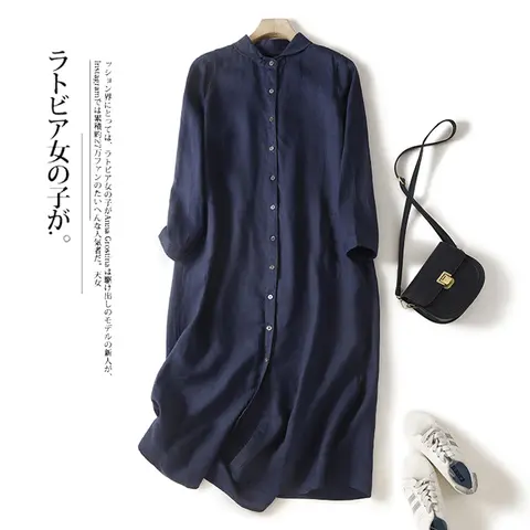 Limiguyue Women Long Dress Navy Blue Loose Casual Long Sleeve Cotton Linen Shirt Dress Autumn Oversize Elegant Office Lady T012