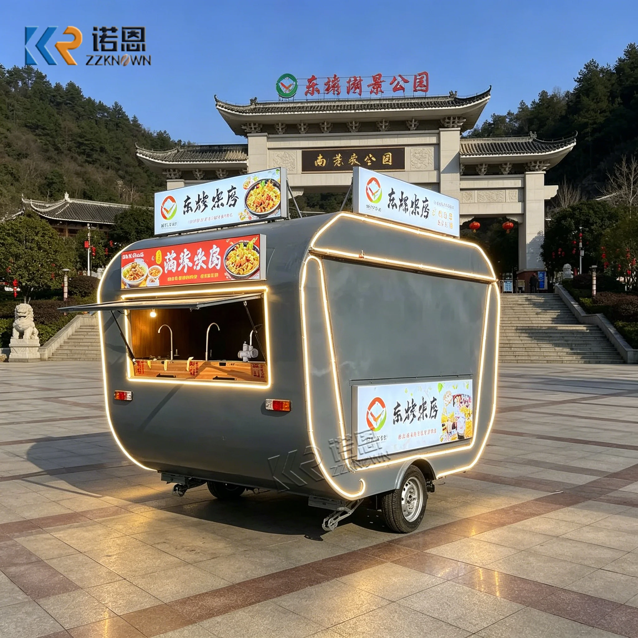 Compact Towable Food Trailer Stainless Steel Interior Mobile Catering Truck with LED Lights And Water Sink for Sale