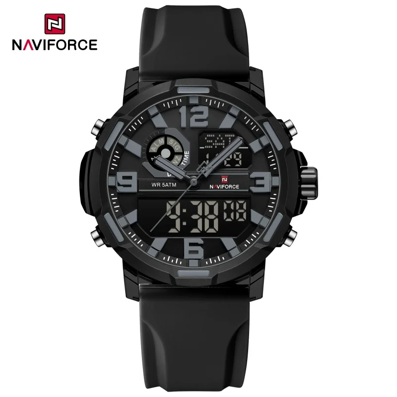 

NAVIFORCE Men's Sport Watch Dual Time 5ATM Waterproof Big Dial Digital Analog Wristwatch with Stopwatch Alarm Silicone Band