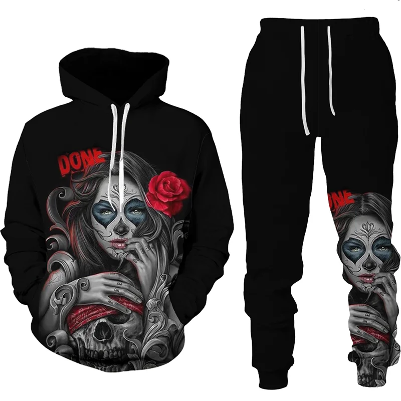 Men's Gothic Clothing Vintage Skull 3D Printed Hoodie and Sweatpants Set Casual Fashion Hip Hop Streetwear 2pcs Sets