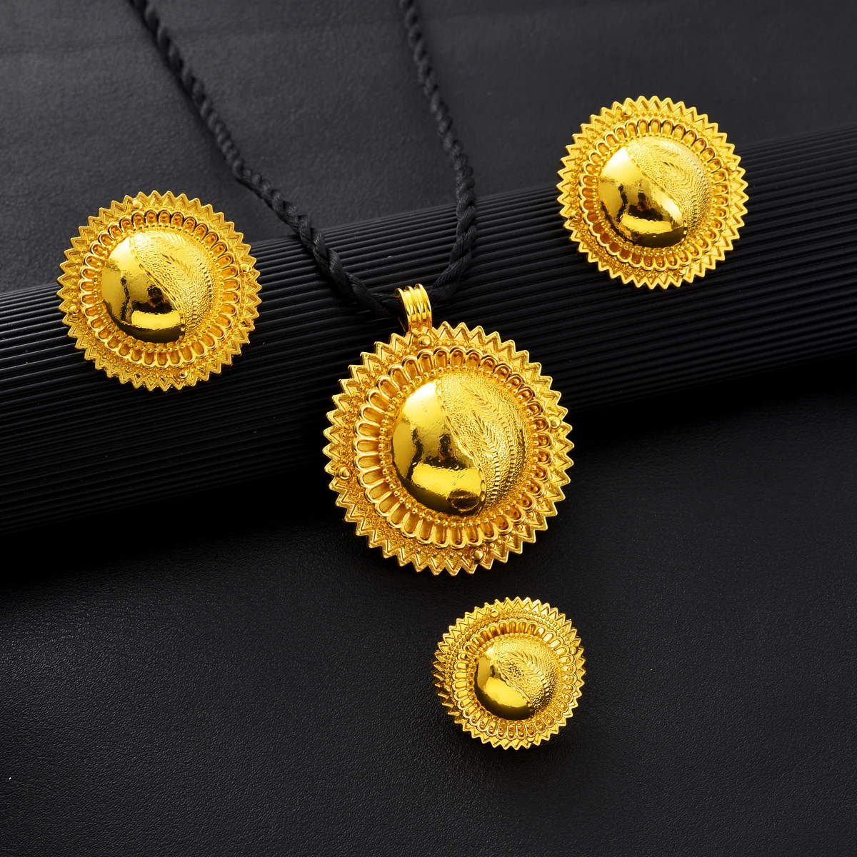 Gold Color Ethiopian Jewelry Sets Necklace Earrings Ring 3-piece Sets Dubai Wedding Bride Sets African Gifts #TZ052
