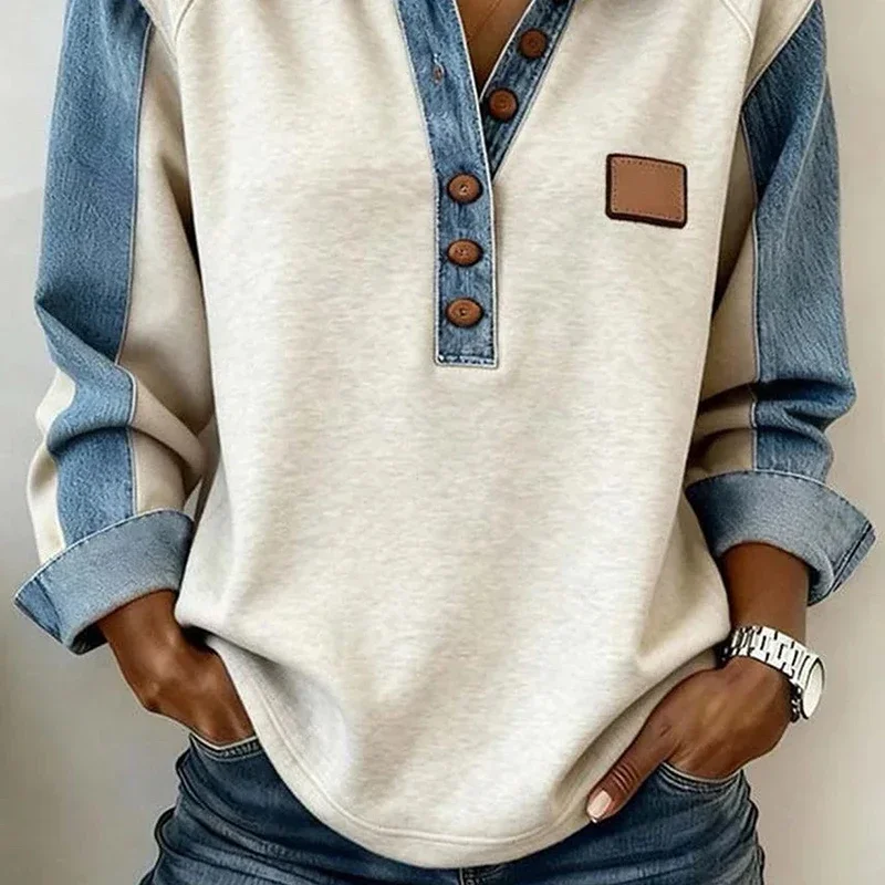 

Повседневная женская рубашка-поло с длинным рукавом, джинсовая, в стиле пэчворк, осенне-зимняя, новая модель, пуловер, осенняя блузка с длинным рукавом, свитшот