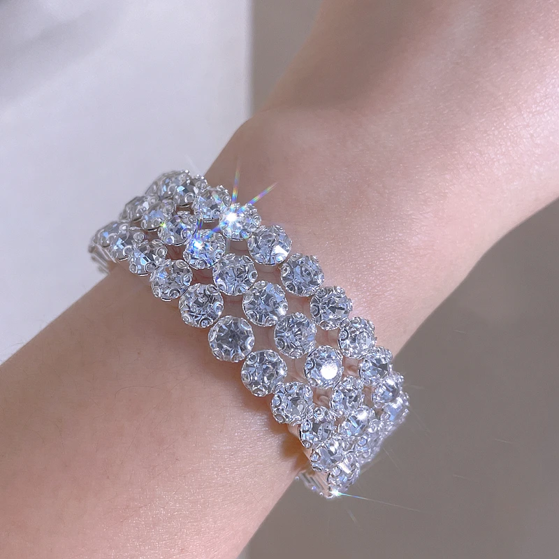 Luxury Bling Crystal Rhinestone Bracelets & Bangles for Women Silver Color Open Cuff Bracelet Elegant Bridal Wedding Jewelry