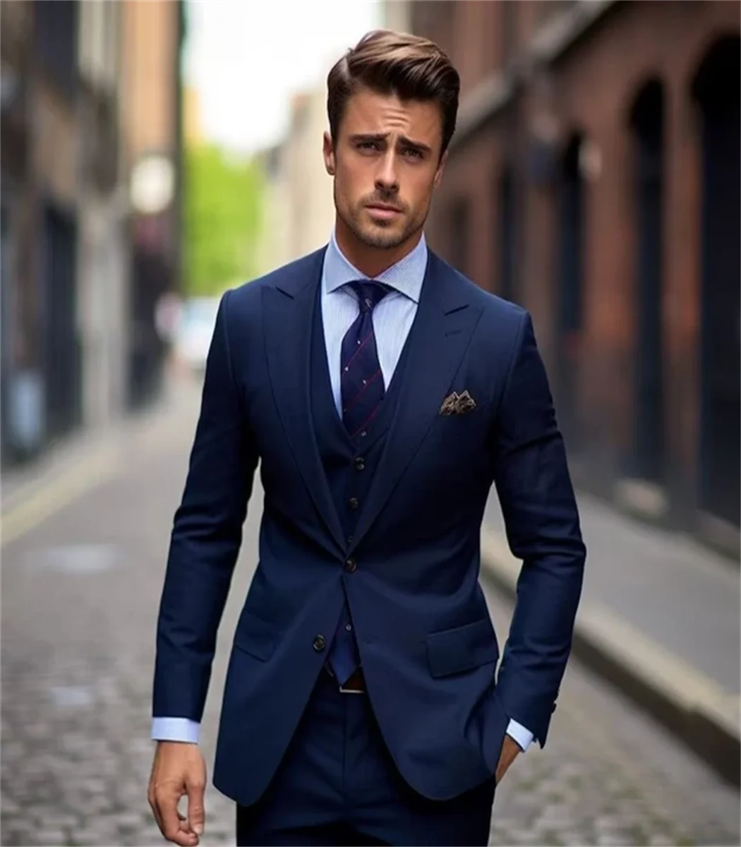 3 Piece Formal Wedding Men\'s Suits Tenro Blue Singel Breasted Peak Lapel Jacket Pants Vest Slim Fit Luxury Tuxedo Custom Made