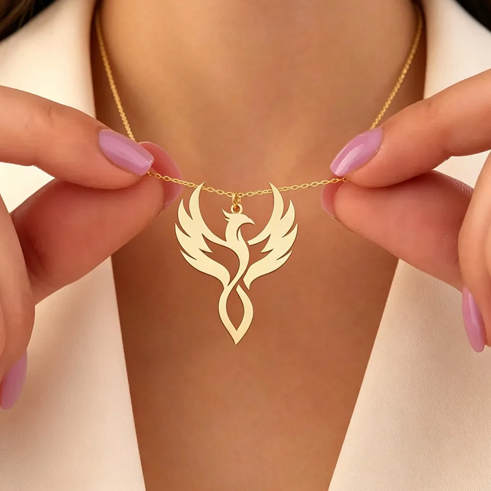 Stainless Steel Hollow Angel Wings Phoenix Bird Shape Pendant Necklace Minimalist Fashion Clavicle Chain Jewelry for Women Men