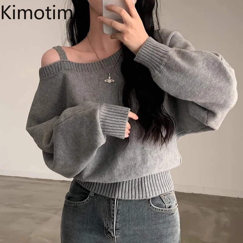 Kimotimo Off Shoulder Sling Solid Sweater Women Korean Chic Simple Long Sleeve Knitted Top Autumn Y2k Soft Casual Short Pullover