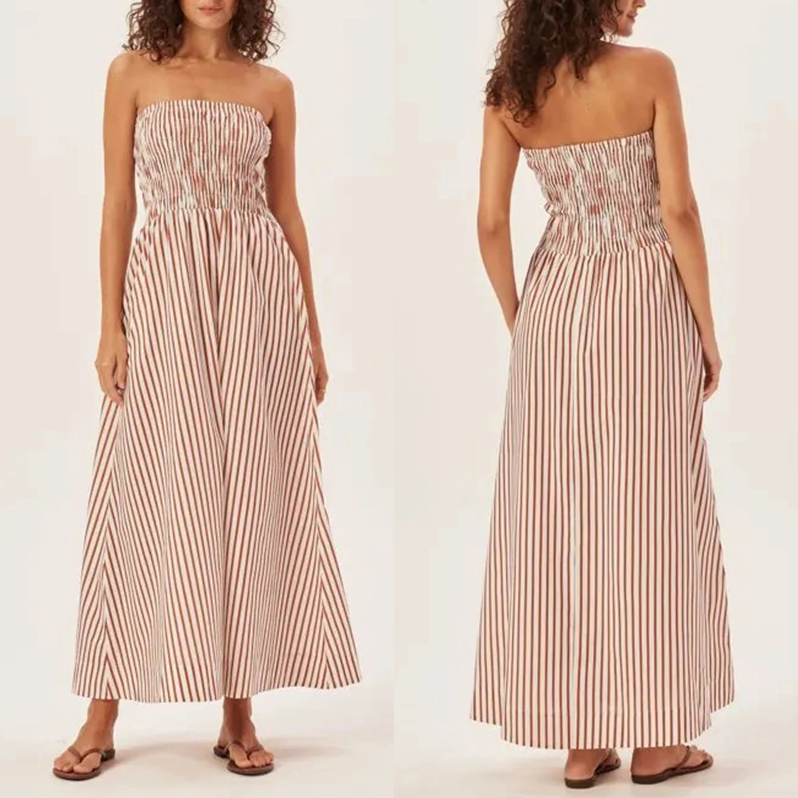 Women Strapless A-Line Dress Summer Solid Color/Stripe Print Backless Party Dress for Cocktail Beach Streetwear