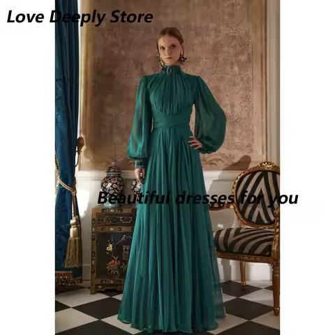 Vintage Green Evening Dress Customized High Neck Puff Sleeves A-Line Elegant Evening Gowns Pleat Chiffon Formal Party Dress