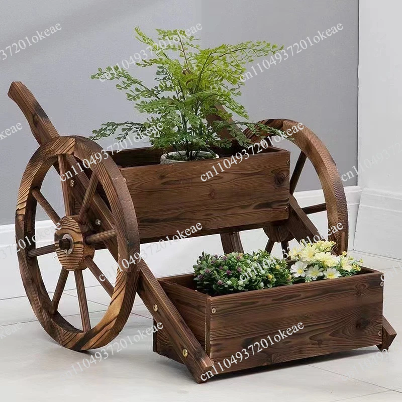 Wood carbonized station wagon flower pot wheel shape garden flower pot decorative flower outdoor trolley