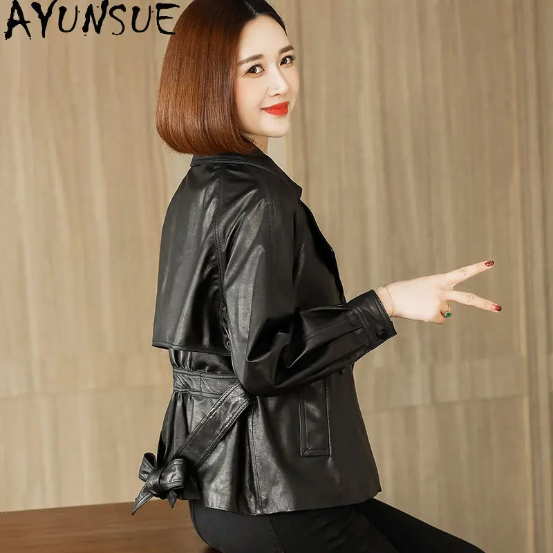 AYUNSUE-chaqueta de cuero genuino para mujer, abrigo de piel de oveja Real OL, Chaquetas elegantes de cuero, abrigos cortos con cordones