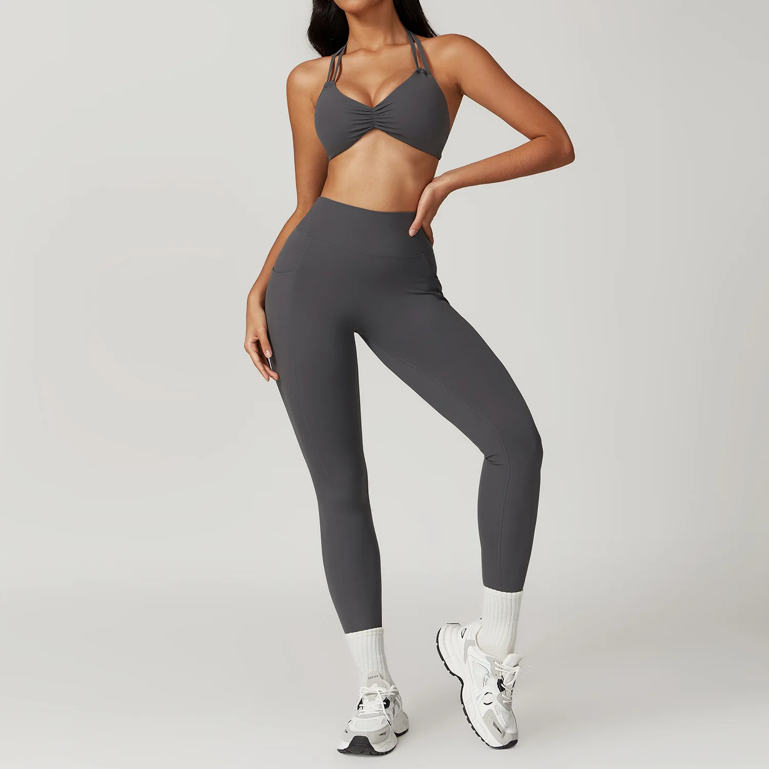 MODITIN-Conjunto de gimnasio para mujer, sujetador Sexy fruncido, Tops de cintura alta, Leggings de Fitness con bolsillos, secado rápido, ropa de Yoga cómoda, 2024