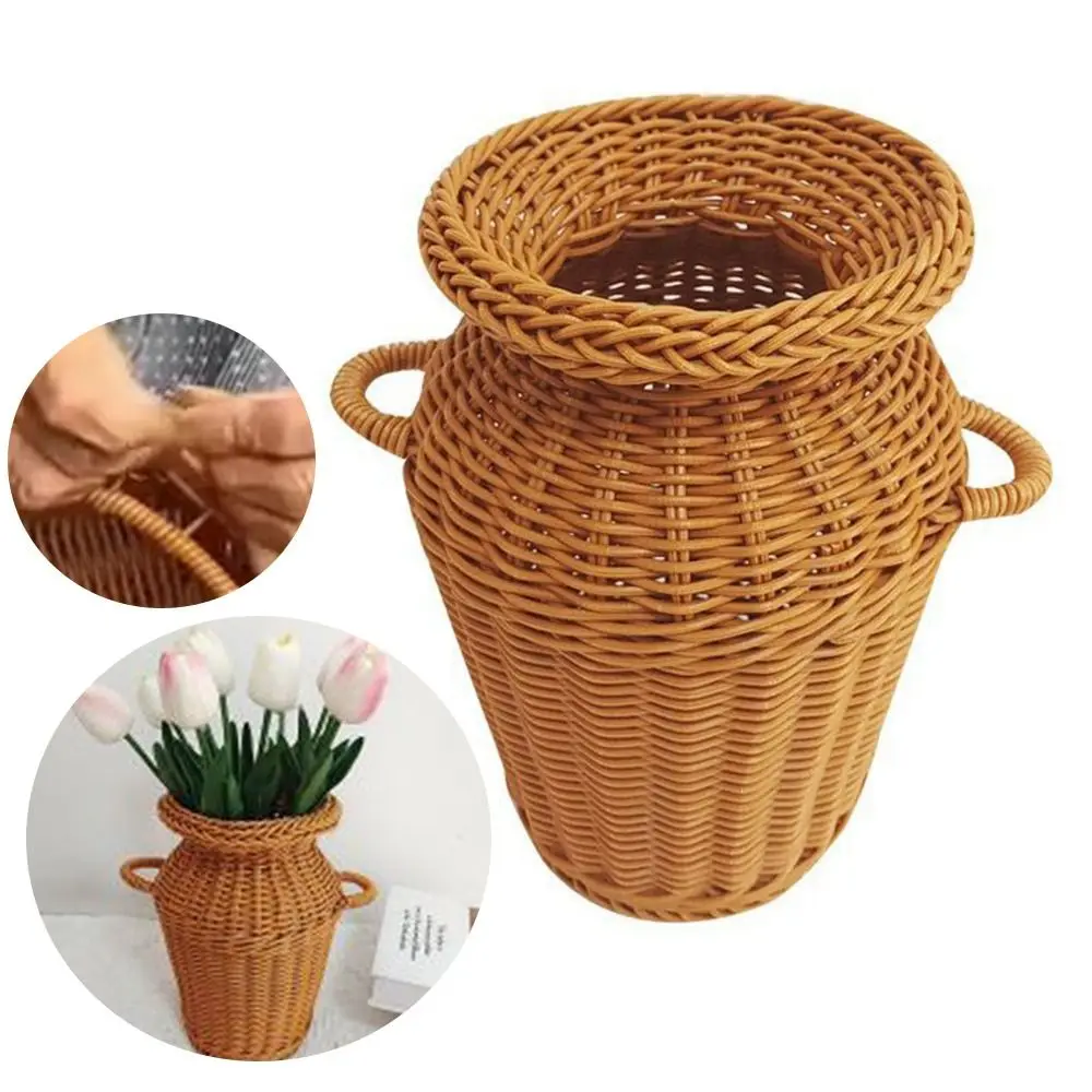 Brown Weaving Flowerpot Ventilation Home Decoration Flower Pot Plastic Balcony Terrace Floral Arrangement Vase For Cafe Office