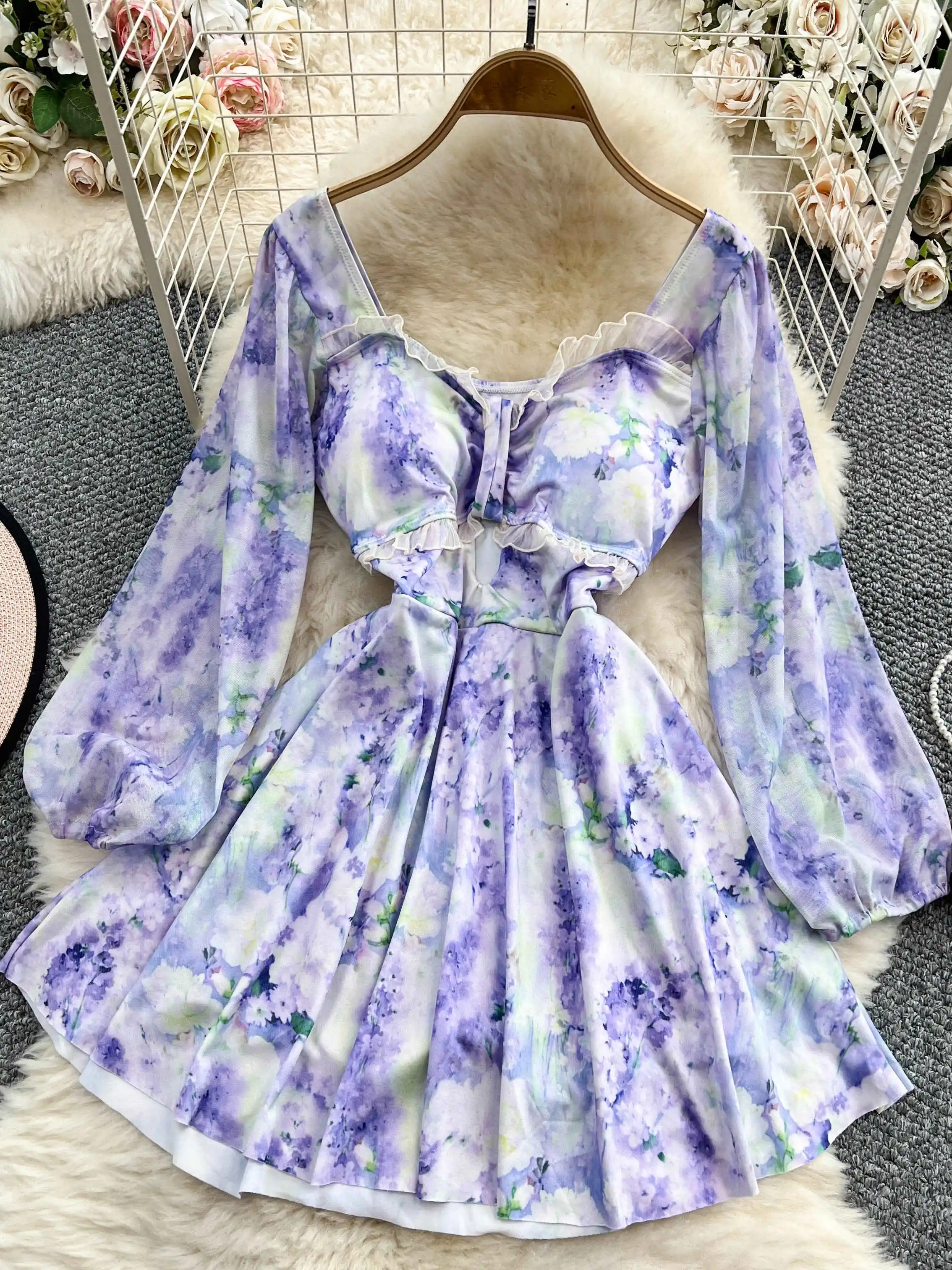 レディース ピンク 花柄 Aライン ミニドレス ヴィンテージ エレガント 長袖 スクエアカラー ワンピース Y2K ワンピース 夏服