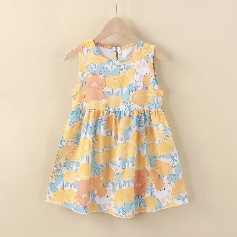 Sweet Cute Floral Dress Little Girls Casual Cartoon Dress Toddler Stylish Sleeveless Home Sleep Dress Fashionable Children Dress
